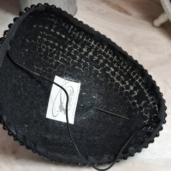 Black Beaded Fascinator Hat with Silver Details. - Picture 3 of 6